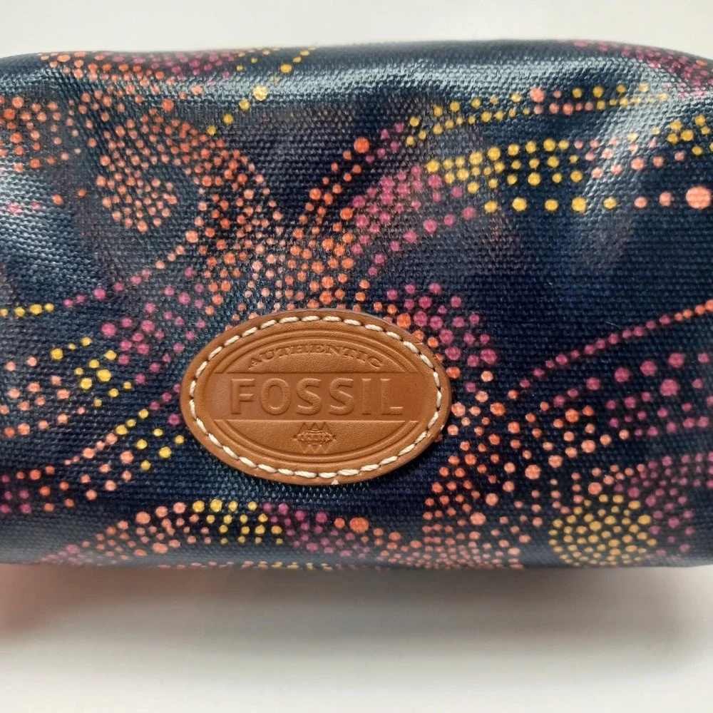 Fossil Blue Dot Swirl Coated Canvas Small Makeup Pouch Coin Bag Brass Ring Pull
